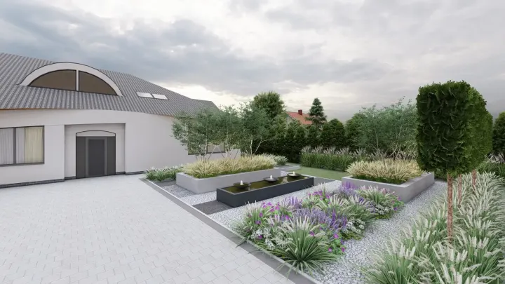 Projekt ogrodu z fontanną Adezz – Mikołów: projekt ogrodu, wizualizacja 3