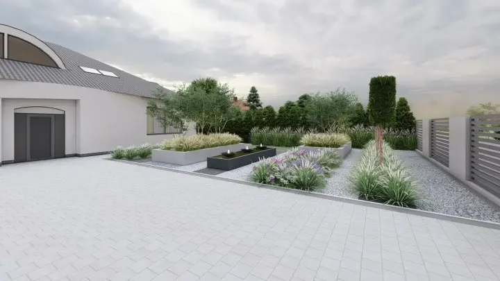 Projekt ogrodu z fontanną Adezz – Mikołów: projekt ogrodu, wizualizacja 4