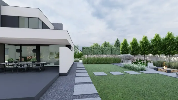 Projekt nowoczesnego ogrodu z palmą w Mikołowie: projekt ogrodu, wizualizacja 3