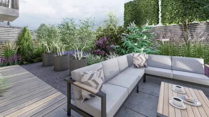 Projekt ogrodu przy apartamentowcu w Katowicach: projekt ogrodu, wizualizacja 2