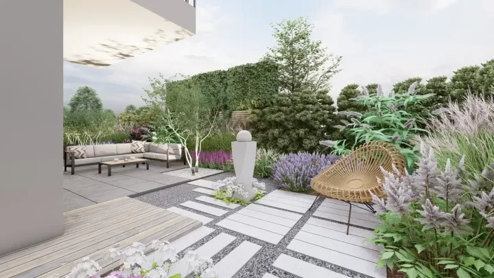 Projekt ogrodu przy apartamentowcu w Katowicach: projekt ogrodu, wizualizacja 5