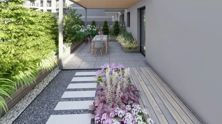 Projekt ogrodu przy apartamentowcu w Katowicach: projekt ogrodu, wizualizacja 8
