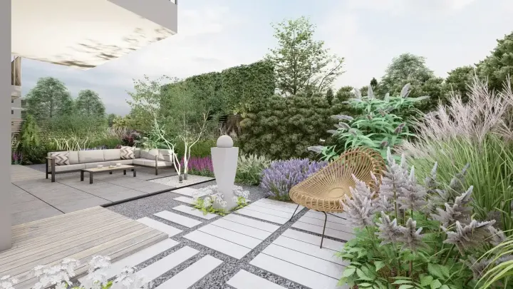Projekt ogrodu przy apartamentowcu w Katowicach: projekt ogrodu, wizualizacja 3