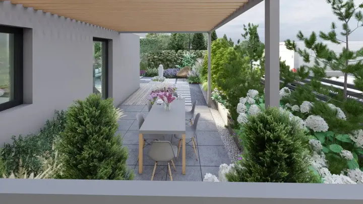 Projekt ogrodu przy apartamentowcu w Katowicach: projekt ogrodu, wizualizacja 7