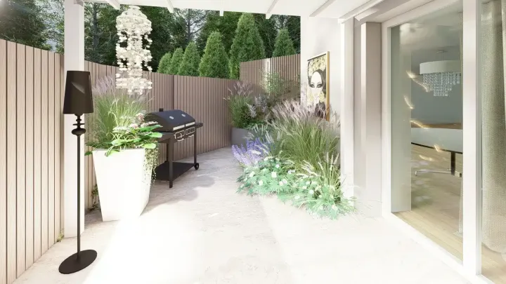 Projekt tarasu w stylu nowoczesnego glamour w Katowicach: projekt ogrodu, wizualizacja 23