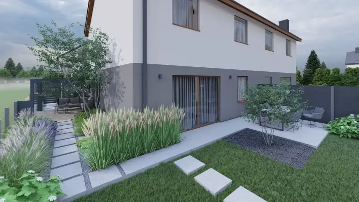 Projekt ogrodu przy domu szeregowym w Tychach: projekt ogrodu, wizualizacja 7