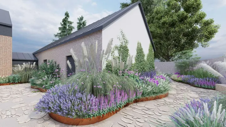 OGRÓD W STYLU ŚRÓDZIEMNOMORSKIM: projekt ogrodu, wizualizacja 1