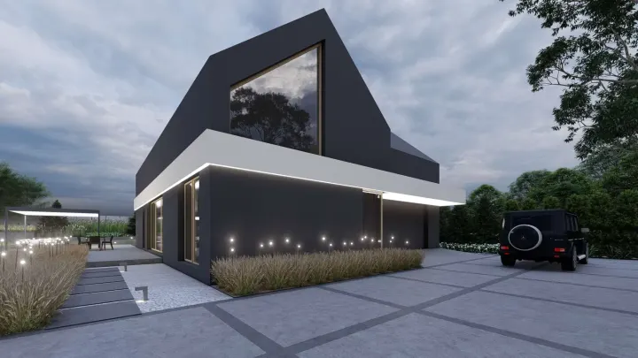 NOWOCZESNY PROJEKT OGRODU PRZY DOMU TYPU STODOŁA: zdjęcie z realizacji 1